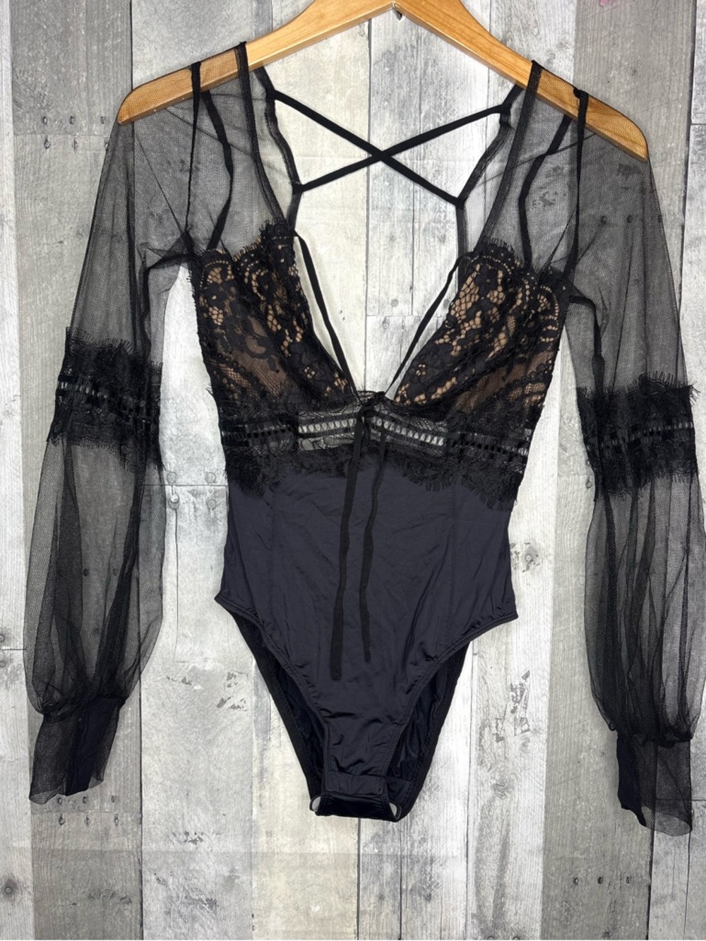 For Love & Lemons Anika Teddy Bodysuit Black Sheer Lace V-Neck NWT size small - Picture 5 of 8